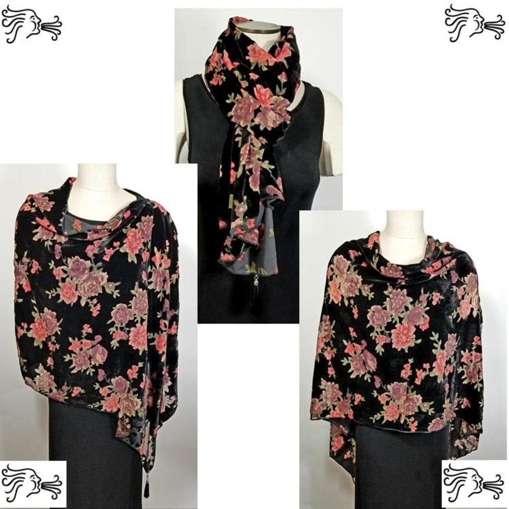 Black Red Rose Burnout Velvet Poncho Scarf Tassel